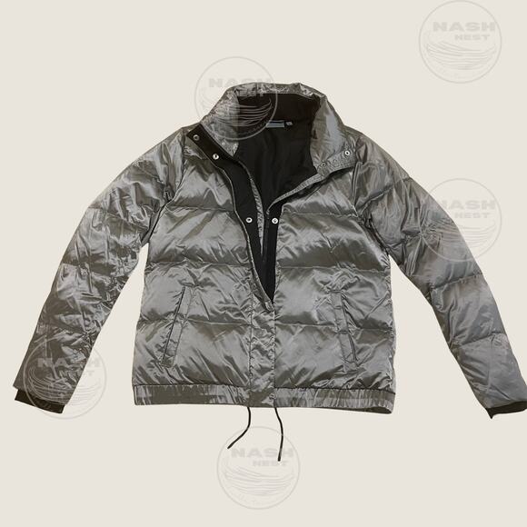 Athleta M Metallic Gray Goose Down Puffer Jacket | 90% Down Warm Silver Coat - Picture 3 of 9